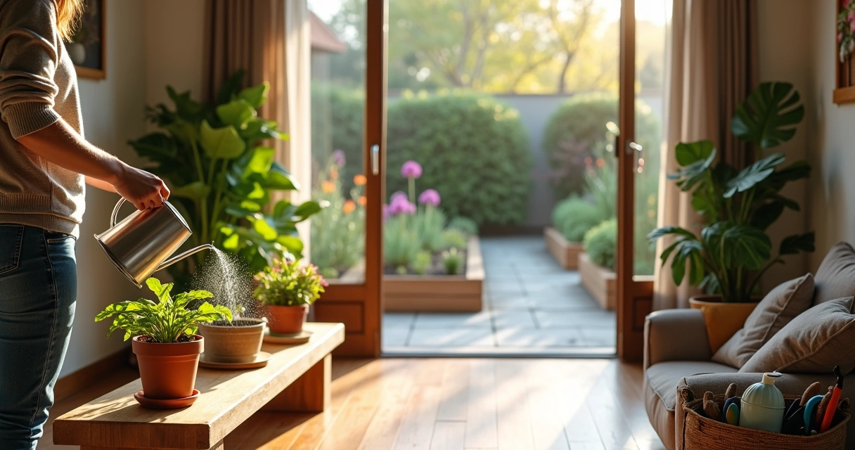 Pessoa regando plantas em sala integrada a jardim externo