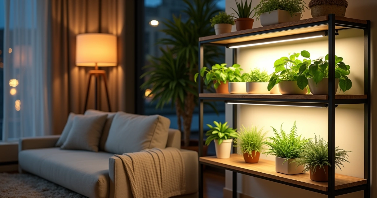 Plantas em estante iluminadas por luz artificial em sala de apartamento minimalista