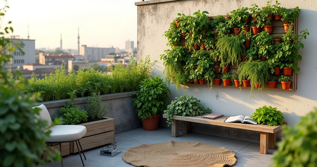 Mini jardim em laje pequena com jardim vertical e horta em vasos