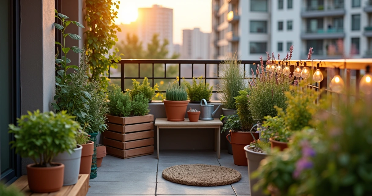 Varanda pequena com jardim sensorial em vasos variados