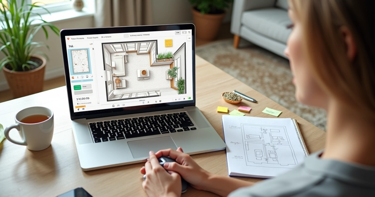 Pessoa projetando planta baixa digital de sala integrada em laptop sobre mesa organizada