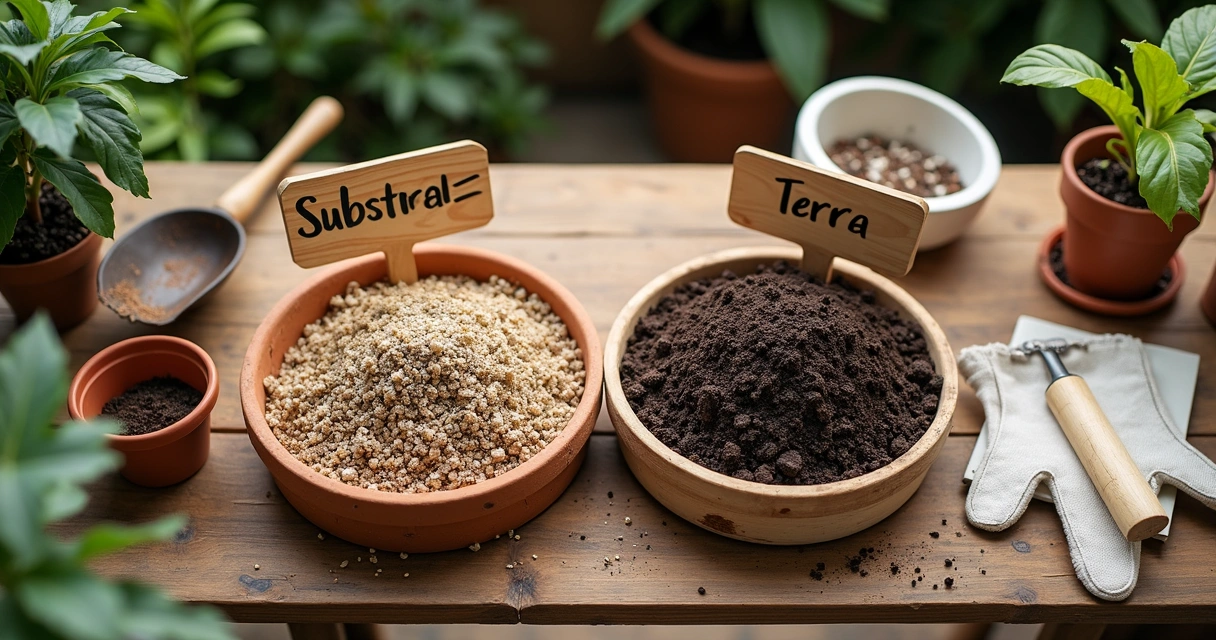 Comparação de substrato e terra para vasos lado a lado em mesa de madeira