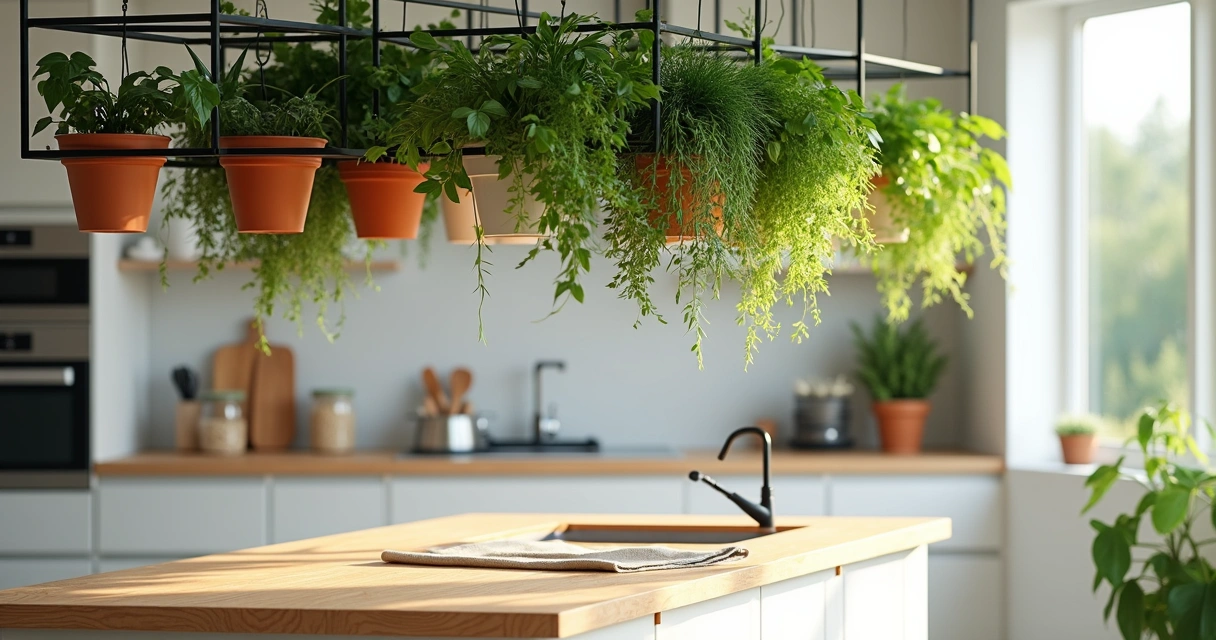 Jardim suspenso verde sobre bancada de cozinha clara e minimalista