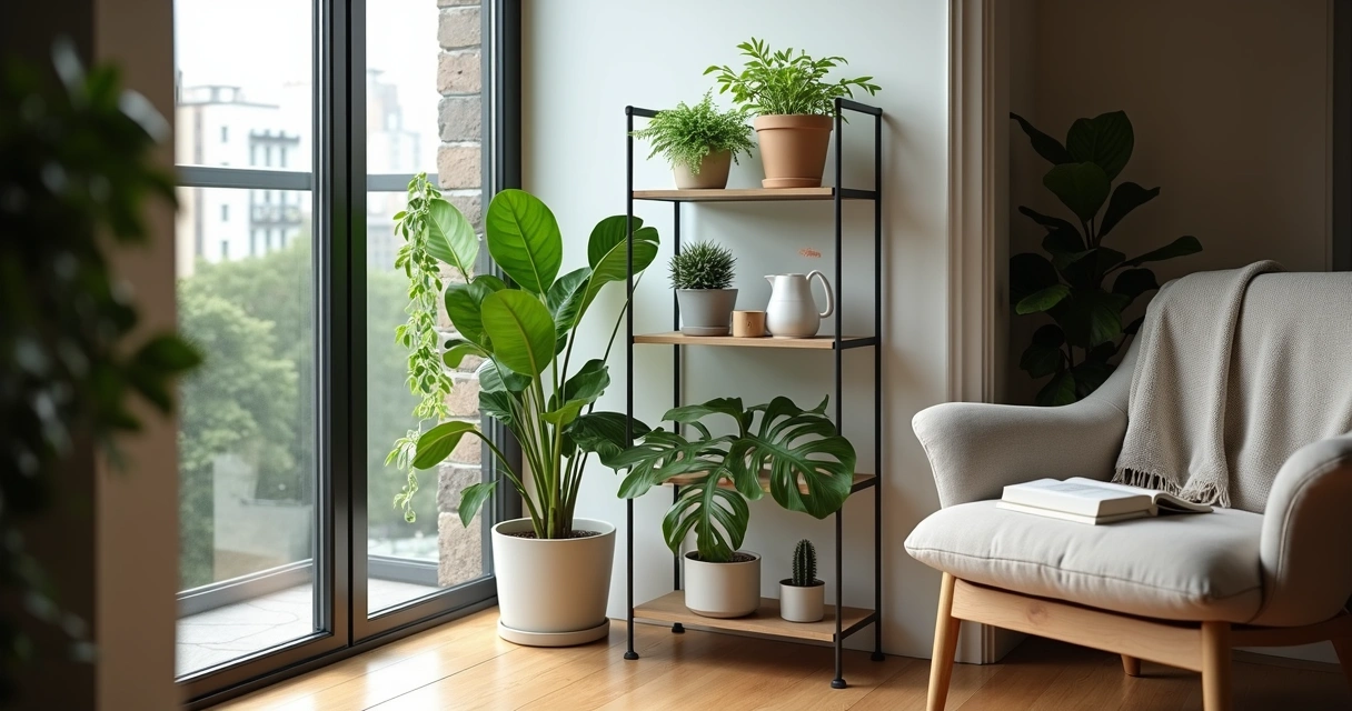 Estante com plantas variadas perto de grande janela em apartamento pequeno
