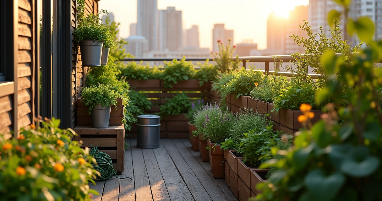Sacada com jardim urbano variado em meio a prédios altos