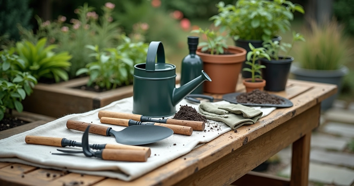 Kit de ferramentas de jardinagem organizadas em bancada de madeira ao ar livre