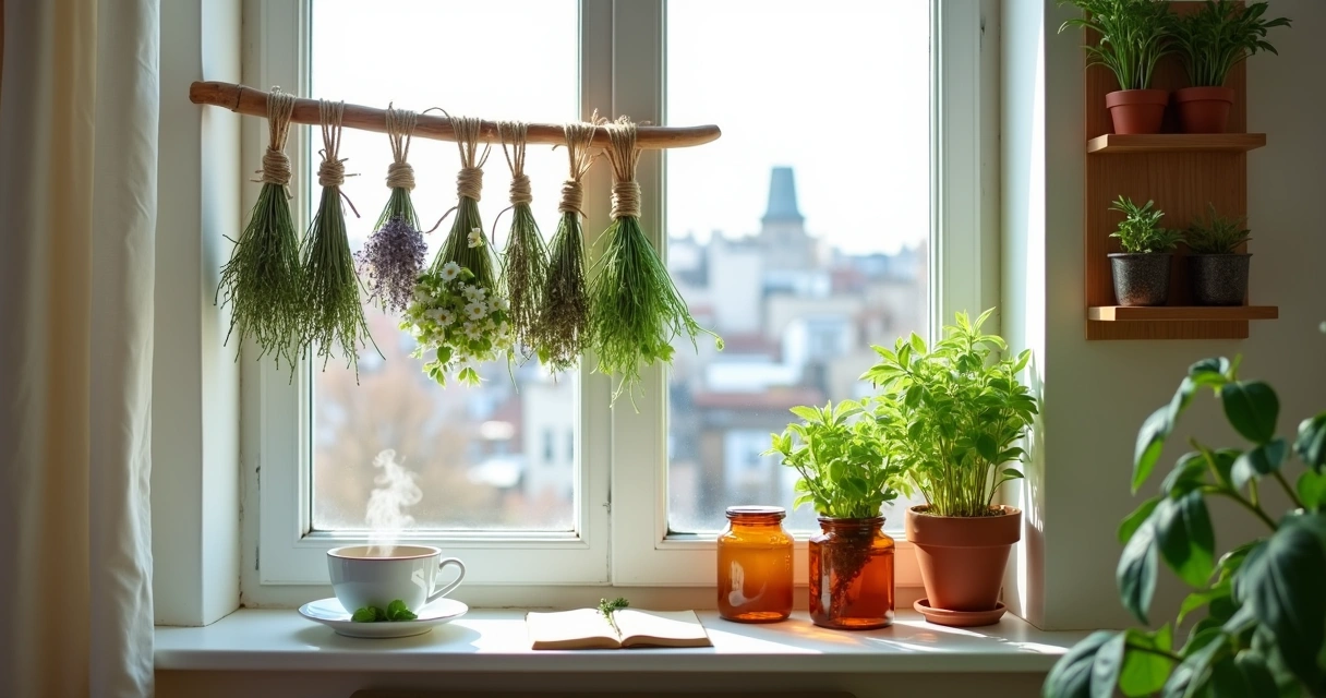 Varal de ervas medicinais secando perto de uma janela com pequenas plantas em prateleira