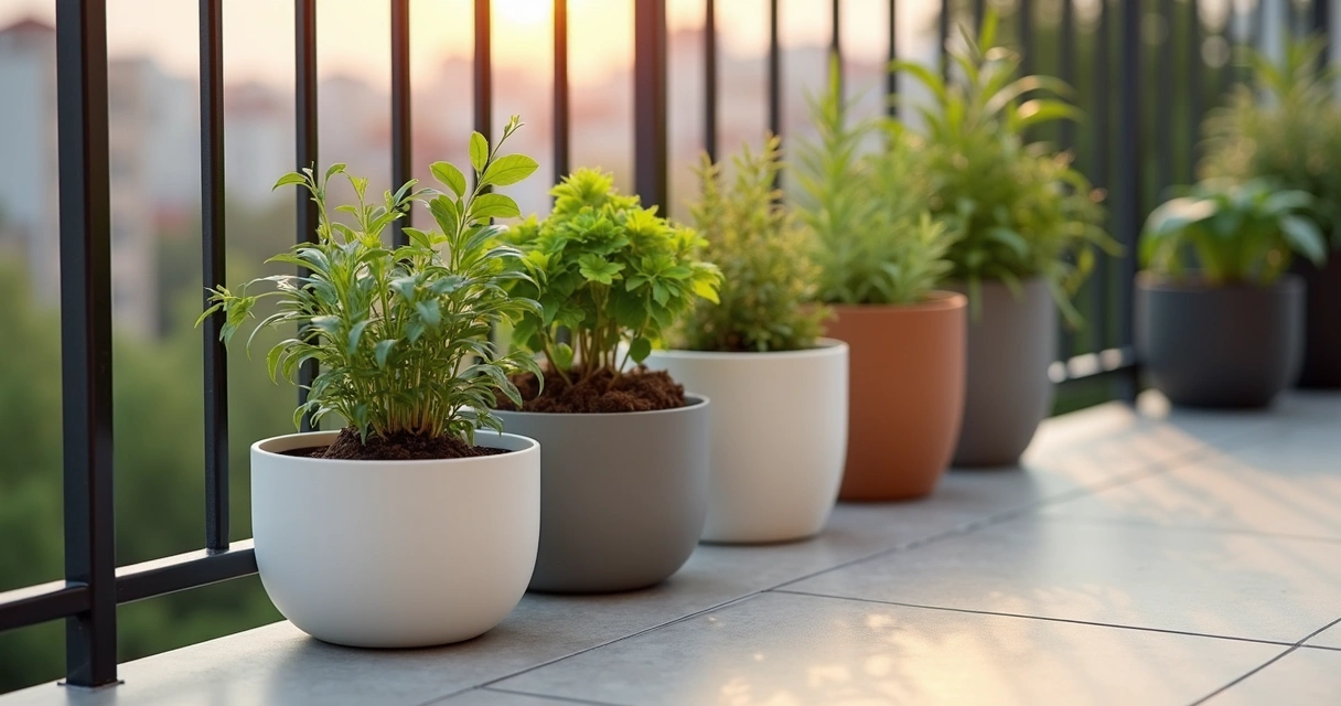 Varanda com vasos autoirrigáveis organizados em fileira com plantas verdes