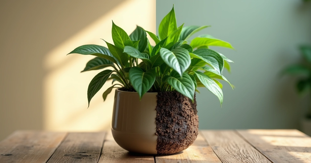 Metade de um vaso com planta saudável e metade com planta sofrendo por rega errada