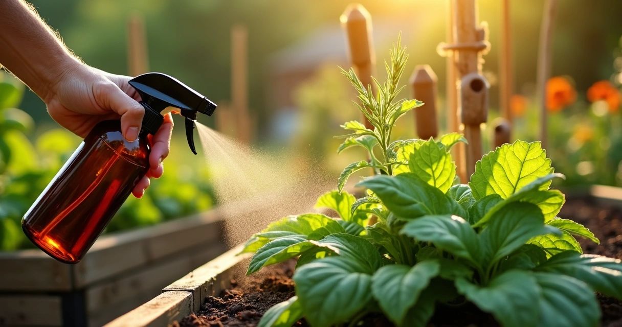 Mão borrifando spray natural em folhas de plantas atacadas por pragas no jardim