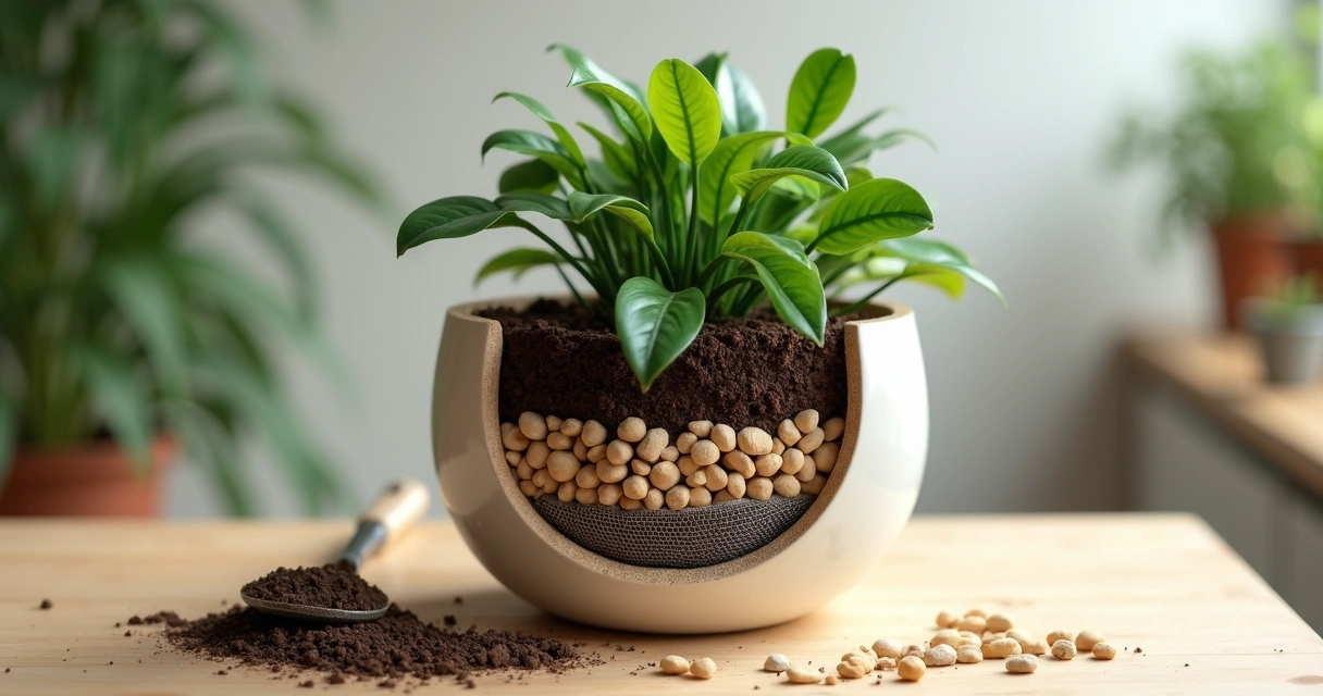 Close-up de vaso mostrando camadas de drenagem com pedras e planta saudável acima