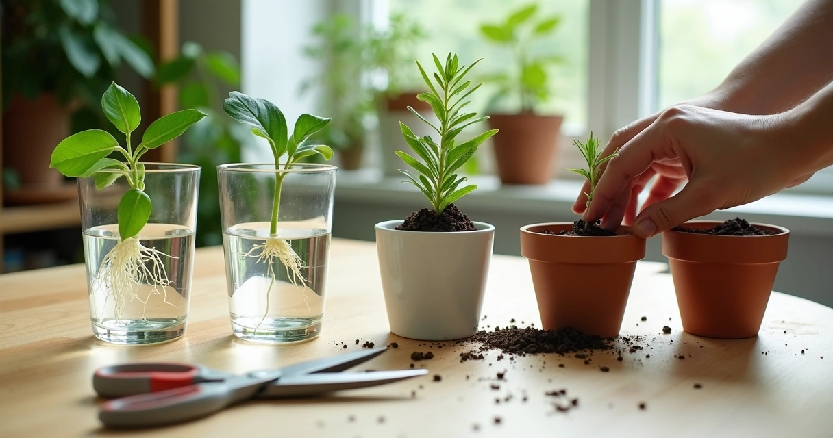 Mudas enraizando em copos de vidro e galhos sendo plantados em vasos pequenos sobre mesa clara