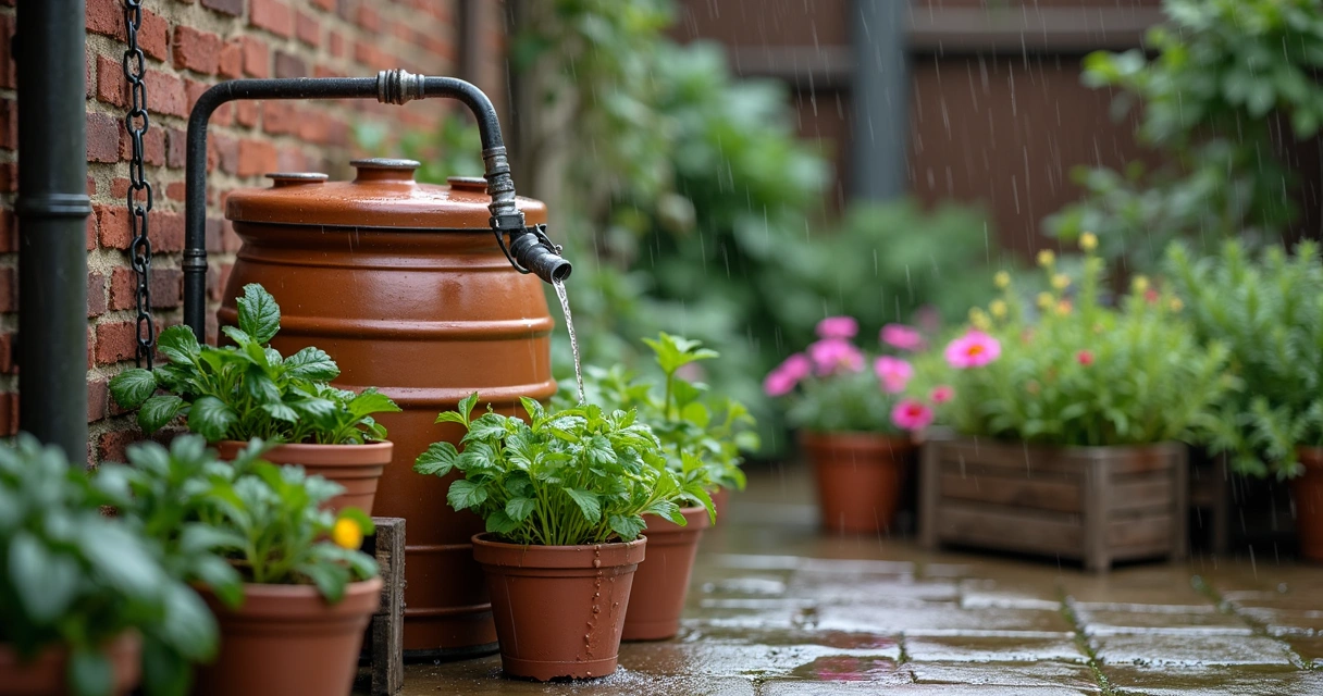 Mini jardim com sistema simples de captação de água da chuva em espaço pequeno